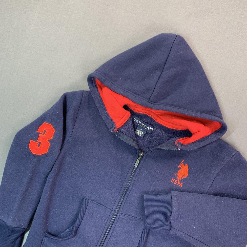 U.S. Polo Assn Hoodie Boys 8 Blue Full Zip Fleece Lined USPA Logo 3 Sleeve